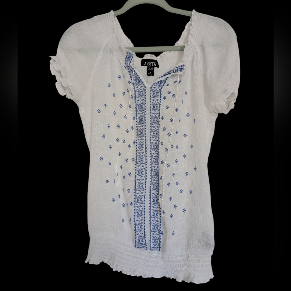 VTG‎ A. Byer Y2K Embroidered Babydoll Top Hippie Peasant White Blue
